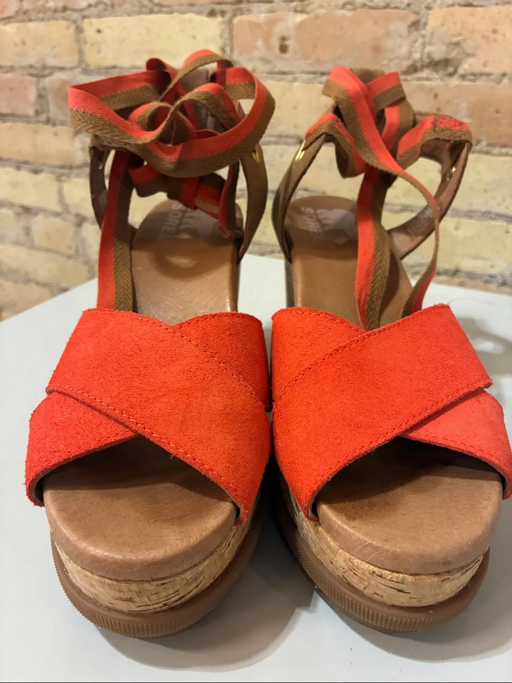 Sorel Joanie II High Ankle Orange Wedge Sandals with Ankle Tie - Picture 3 of 9